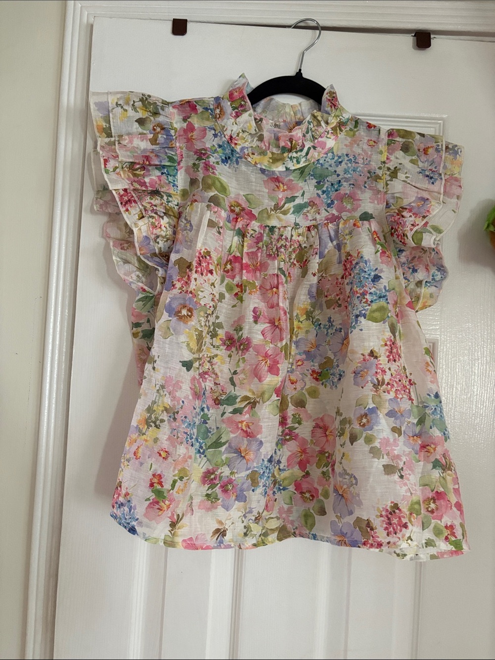 Floral Ruffle Sleeve Blouse - Pastel Pink Multi
